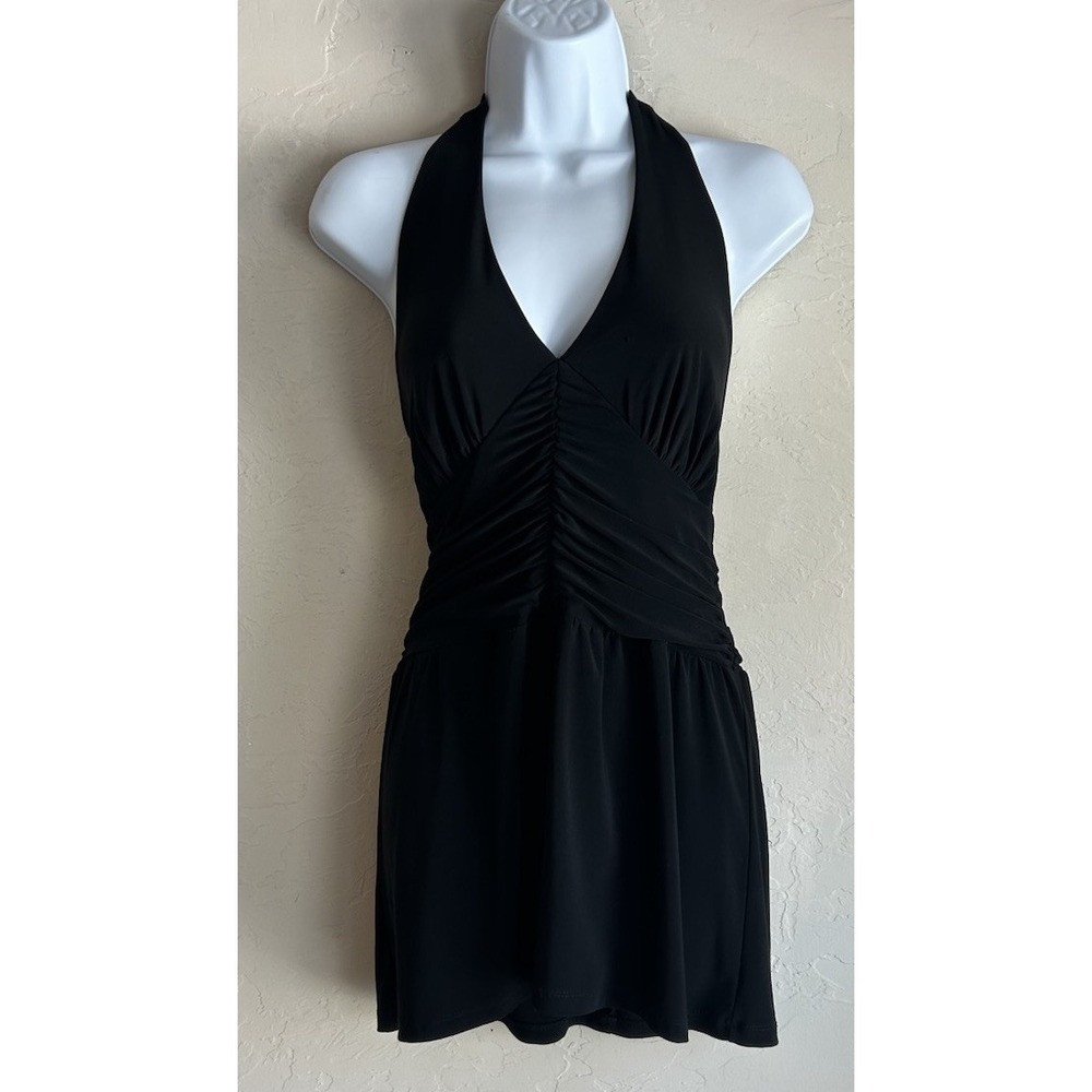 Vintage Y2K Black Halter Tunic Top Micro Mini Dress M Black Fairy Grunge Goth